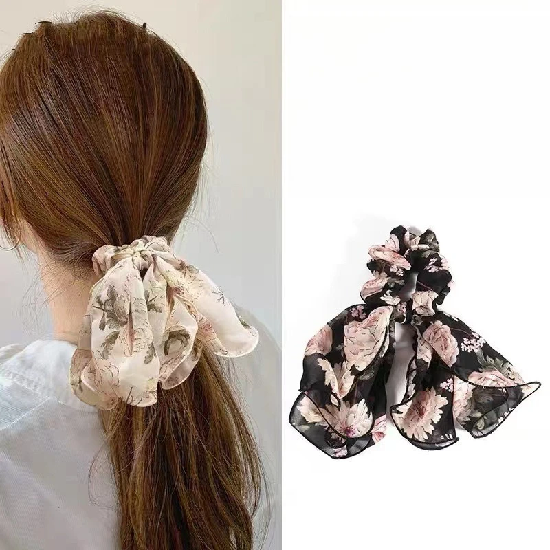 

Retro streamer hair band, women's versatile tie ponytail chiffon floral large intestine hair band, headrope hair accessories
