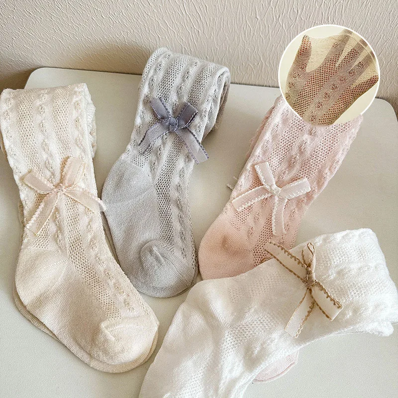 1-8T New Summer Kids Pantyhose Thin Mesh Ventilation Children's Tights Solid Color Bow Baby Girls Leggings