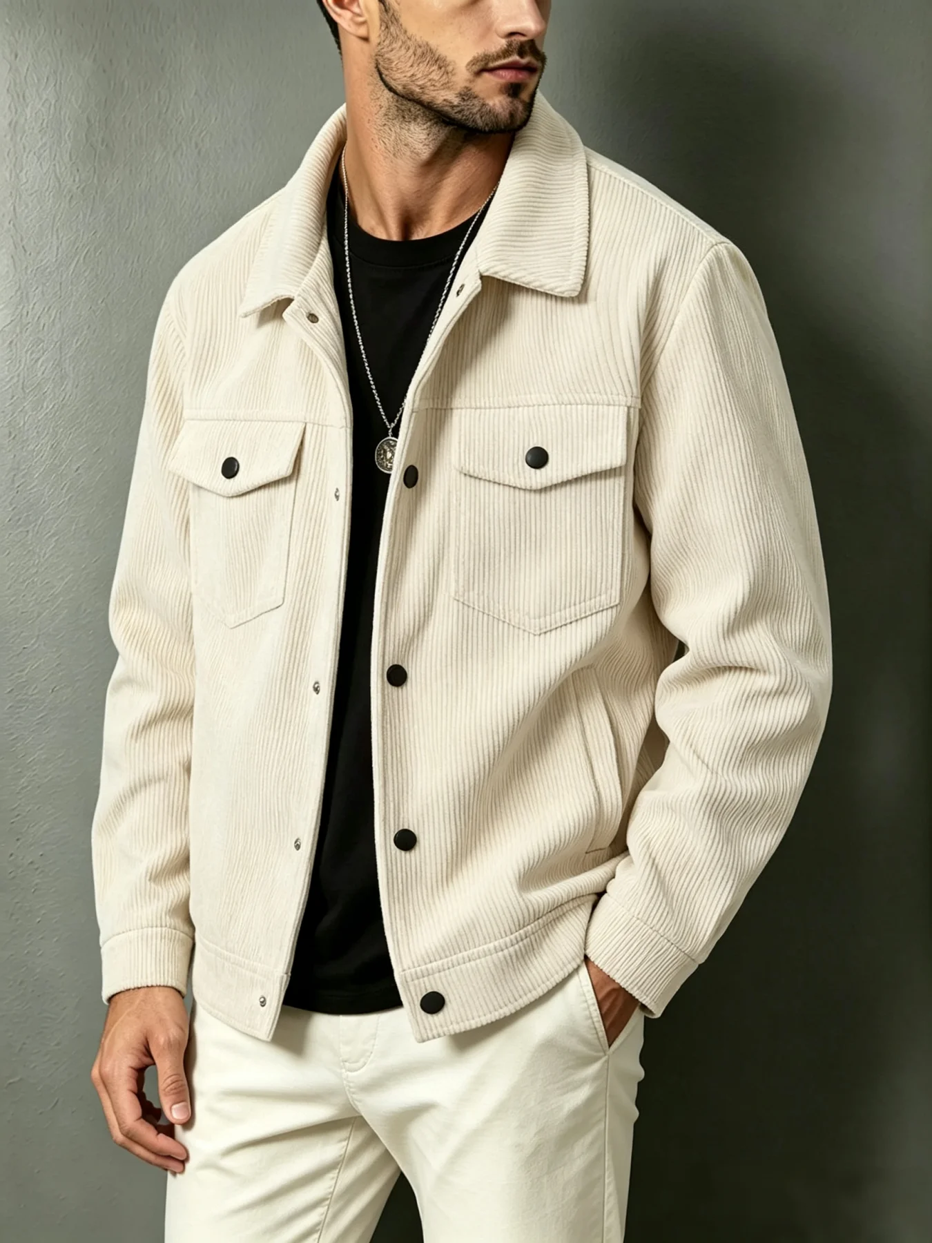 Mens Corduroy Trucker Jacket Turn Down Collar Double Chest Pockets Button Down Casual Long Sleeve Coat