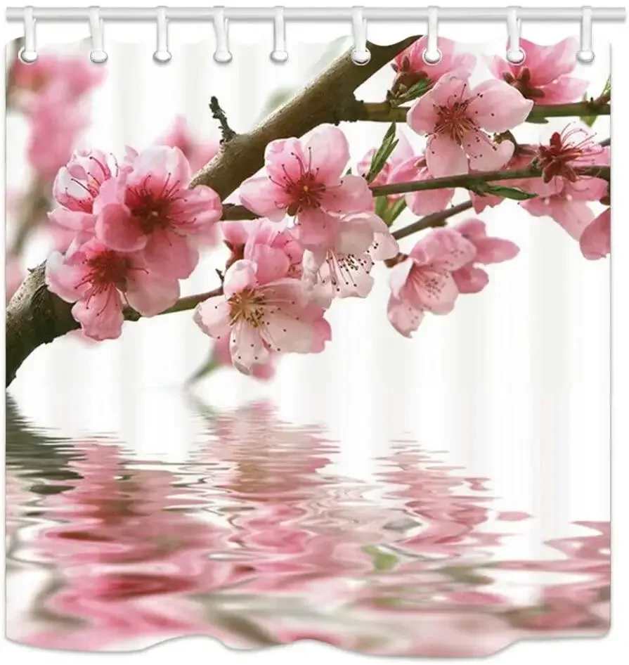 Spring Floral Flower Decor Shower Curtain,Pink Peach Japanese Cherry Blossom Reflected in The Water, Farmhouse Bathroom Curtains