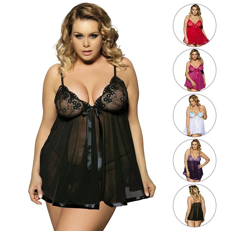 Seksowna bielizna Plus Size Seksowna bielizna damska Babydoll Gorąca przezroczysta Plus Size 6XL Koronkowa piżama z dekoltem w szpic Siateczkowa