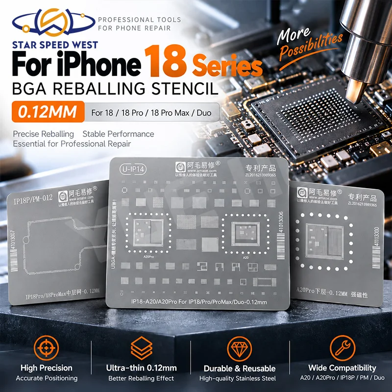 NEW AMAOE U-IP14 UBGA Stencil 0.12mm Heat Dissipation for iPhone 18 Pro ProMax Duo A20 A20Pro CPU Middle Layer Repair Tool