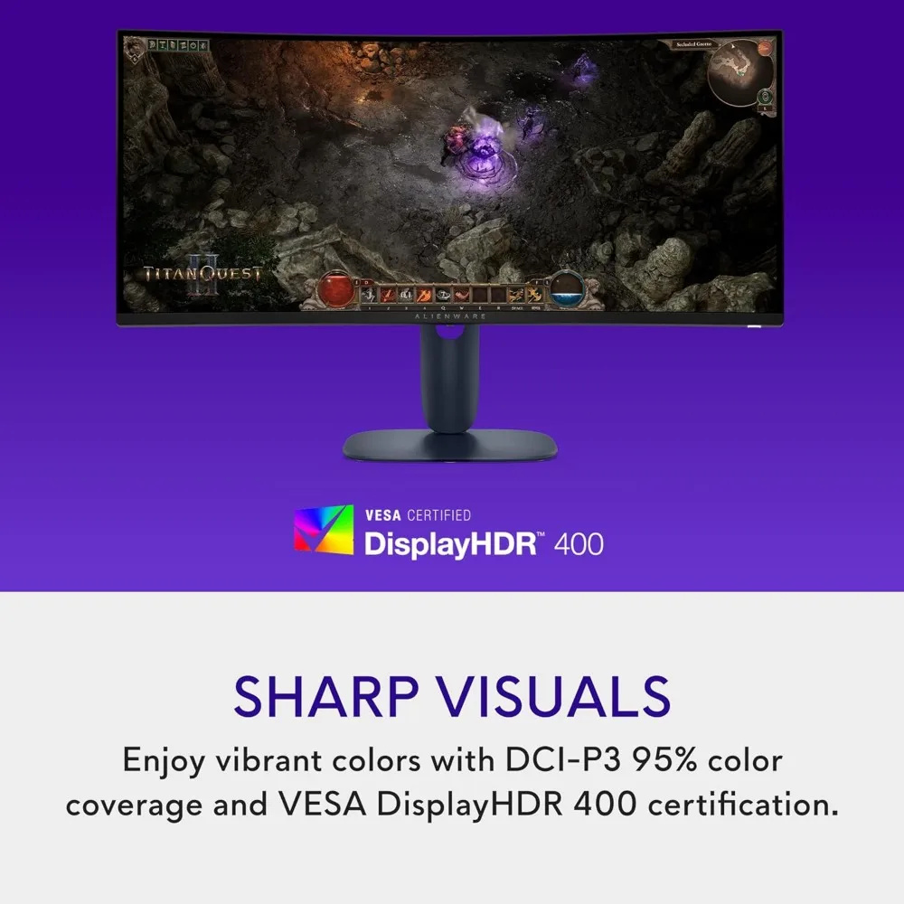 شاشة ألعاب منحنية 34 - AW3425DWM - شاشة WQHD 180 هرتز 1 مللي ثانية مقاس 34 بوصة، 1500R، FreeSync Premium، VESA AdaptiveSync.