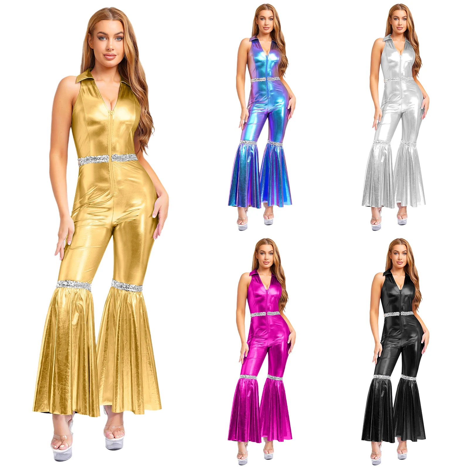 

Vintage Shiny Ballroom Waltz Hippie Party Dance Outfits Female Sleeveless Fashion Retro Party Disco Jazz Club Dance Jumpsuits