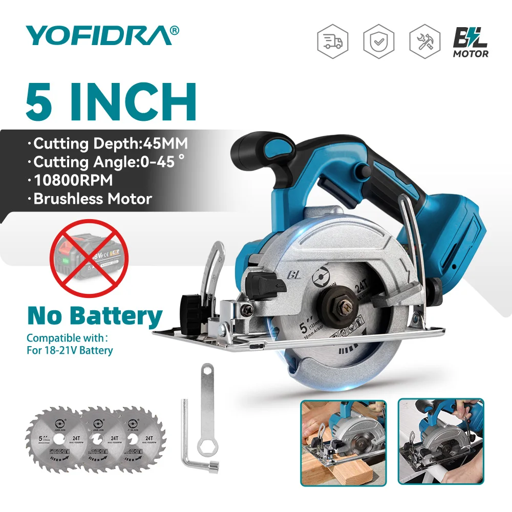 YOFIDRA 125MM 5Inch Brushless Electric Circular Saws Handheld Woodworking Electric Cutting Power Tool For Makita 18V Battery Pin