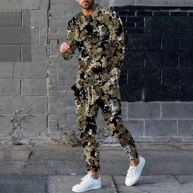 

Мужская футболка с длинными рукавами и камуфляжным узором, камуфляжная одежда для охоты, футболка с 3D принтом, комплект длинных брюк, комплект из двух предметов