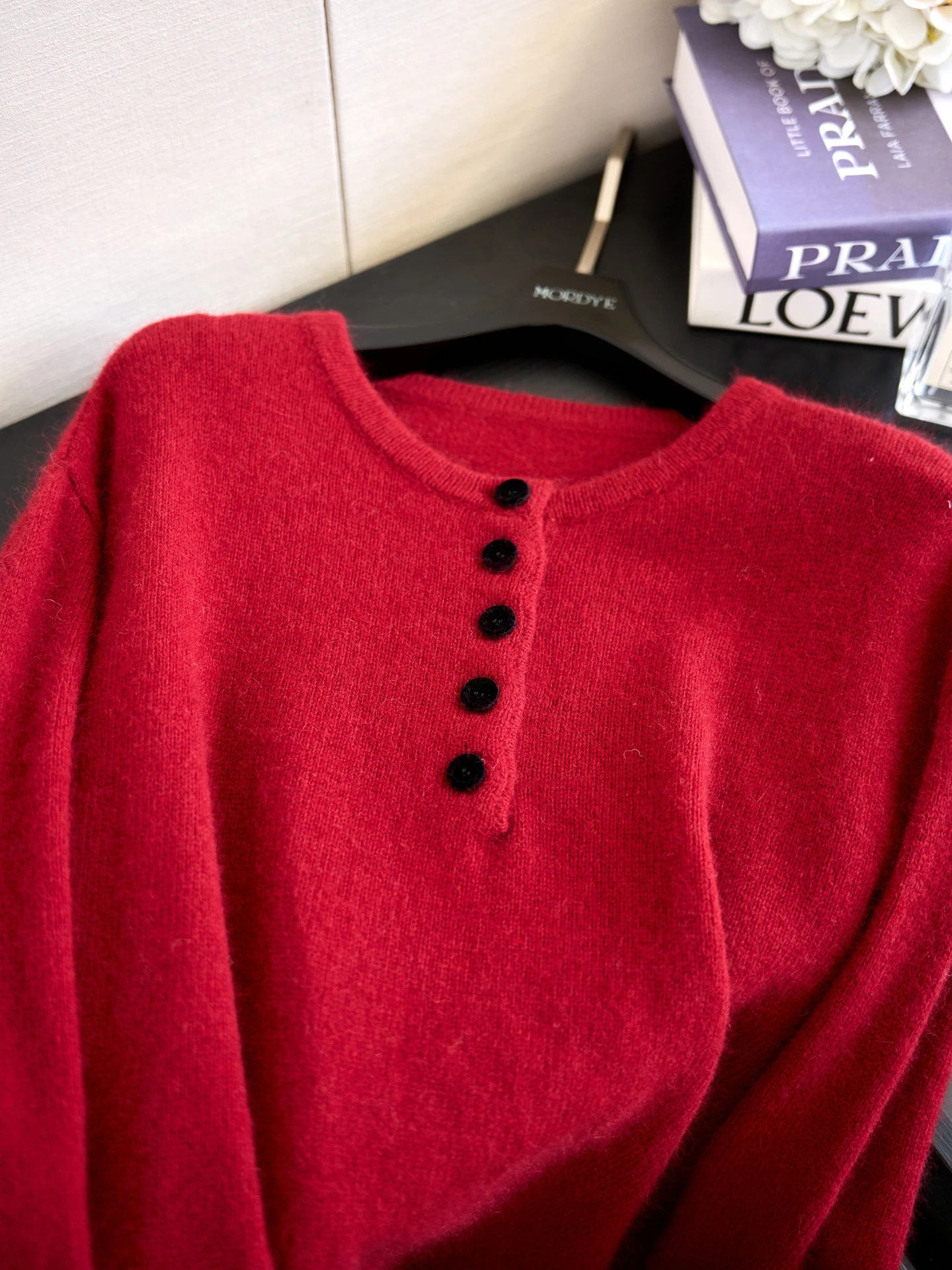 

Red Woolen Knitted Sweater with Tee Buttons Henry Collar Retro Sle Commute Faion Loose Fit Warm And Comfortable for Women