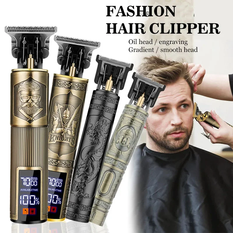 Alat Cukur Rambut Elektrik Vintage T9 Profesional dengan Layar LED, Ukiran Naga, untuk Pangkas Rambut di Barbershop