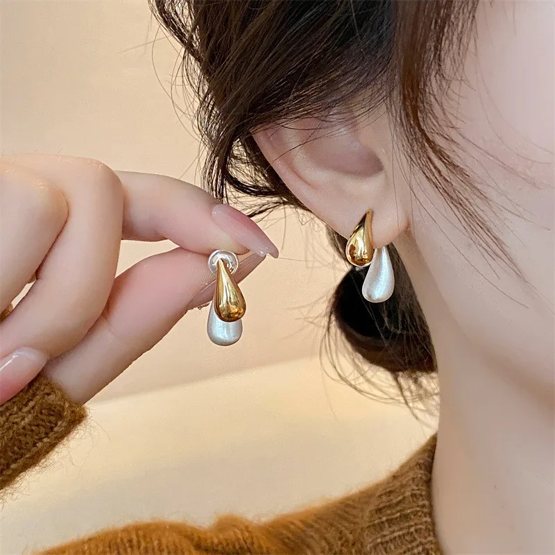 Metal Contrasting Front and Rear Hanging Droplet Shaped Earrings For Girls New Design Jewelry For Women's Fashion Accessories