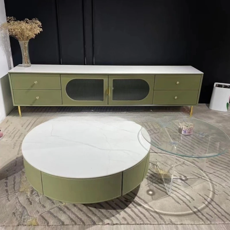 Italian light luxury rock slab saddle leather TV cabinet coffee table combination modern simple TV cabinet living room French
