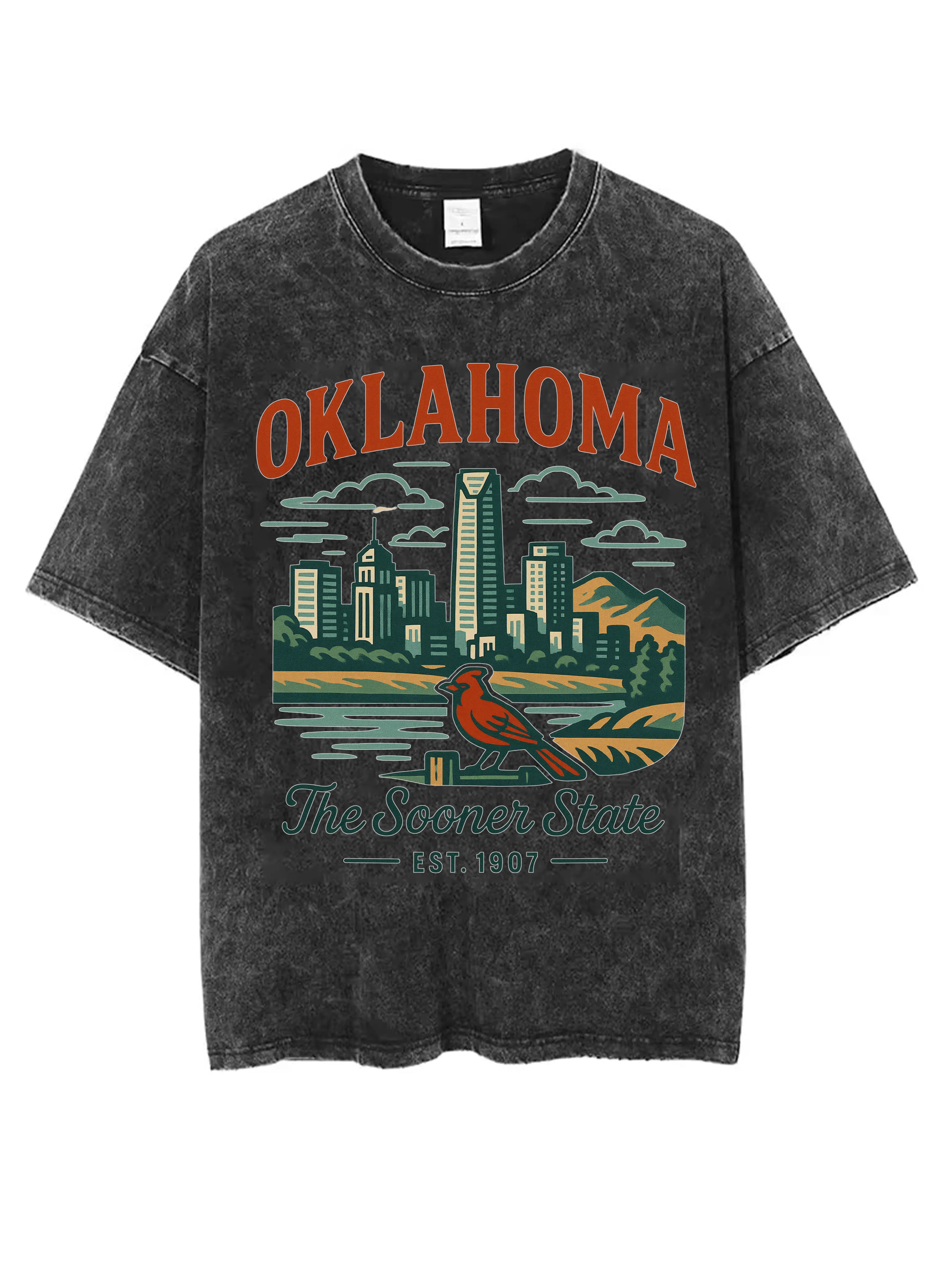 OKLAHOMA Camiseta negra lavada con cuello redondo para hombre, cómoda y holgada para hombres y mujeres, perfecta para invierno y Navidad