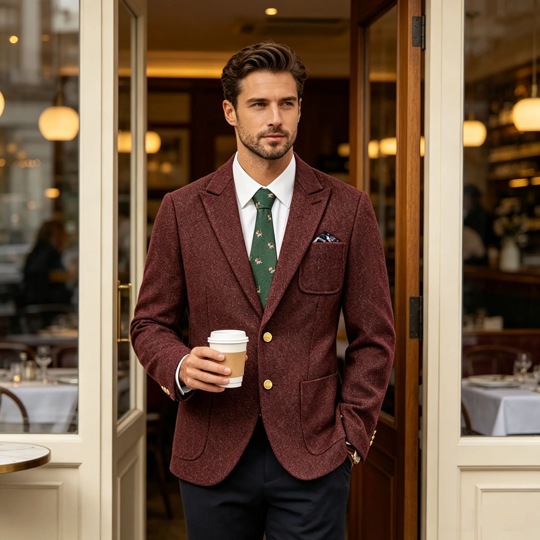 Men's Blazer Peak Lapel Slim Fit Multi-Pocket Single Breasted Suit Jacket Gold Button Formal Sport Coat Business Casual Wedding