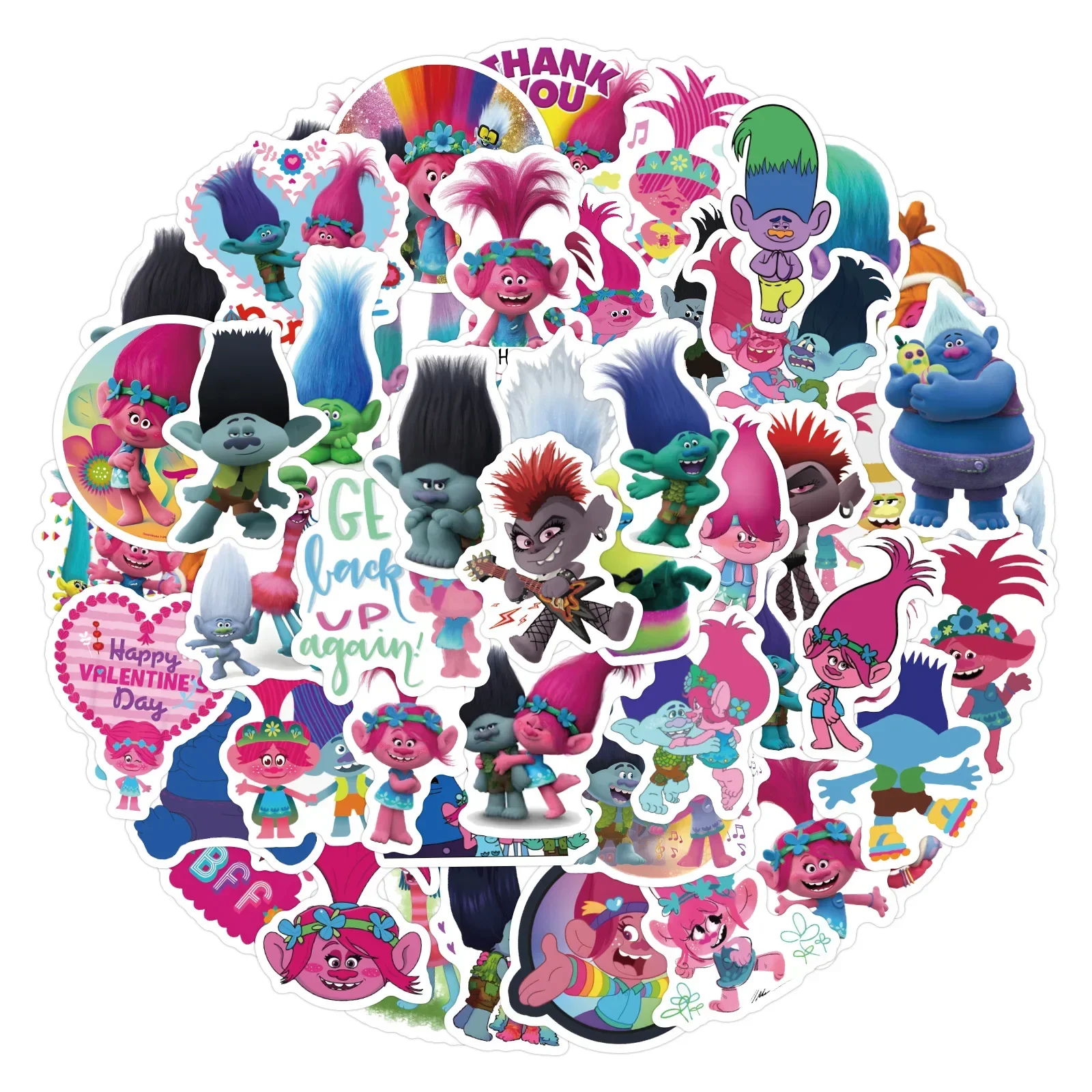 

60PCS Trolls Cartoon Stickers Animation Movie Decals Scrapbook Luggage Laptop Guitar Car Bike Skateboard Sticker Toys Gifts
