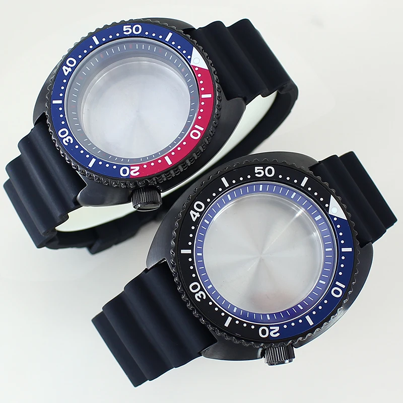 Черный корпус часов PVD 45 мм, резиновый ремешок, сапфировое стекло для NH35 NH36 NH34/38 Механизм 28,5 мм, циферблат Mod Abalone с кольцом с главой