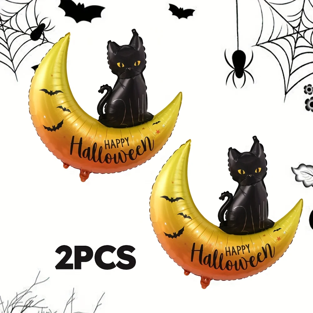 2Pcs Halloween Black Cat Moon Balloon Halloween Happy Aluminum Film Balloon Halloween Party Decoration Supplies