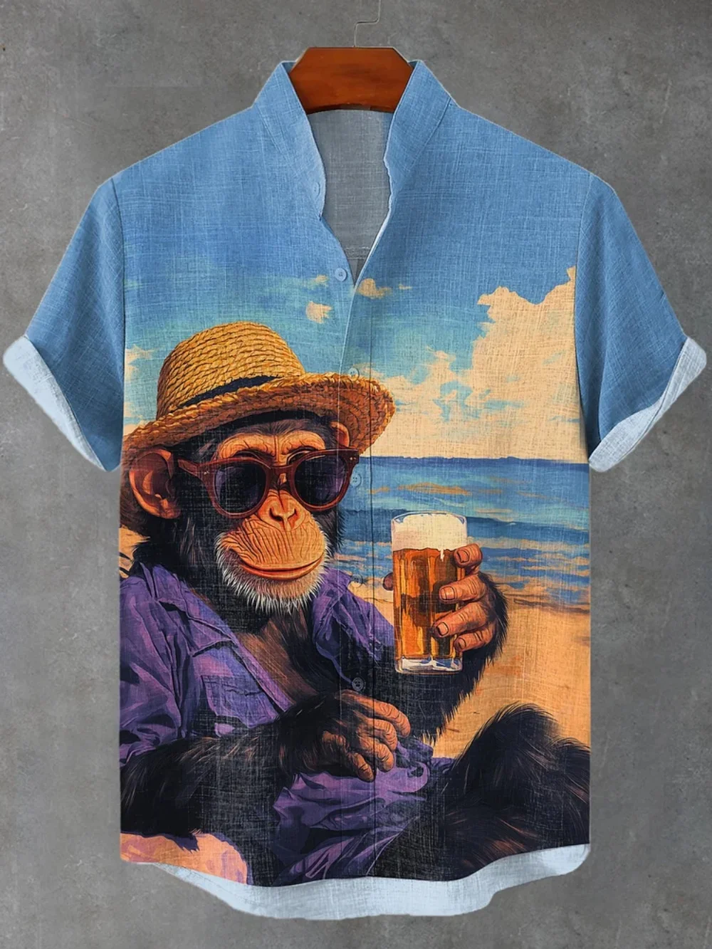 Summer 2025 Men's Linen Shirt Hawaiian Beach Short Sleeve Stand up Collar Cardigan Casual Breathable Top