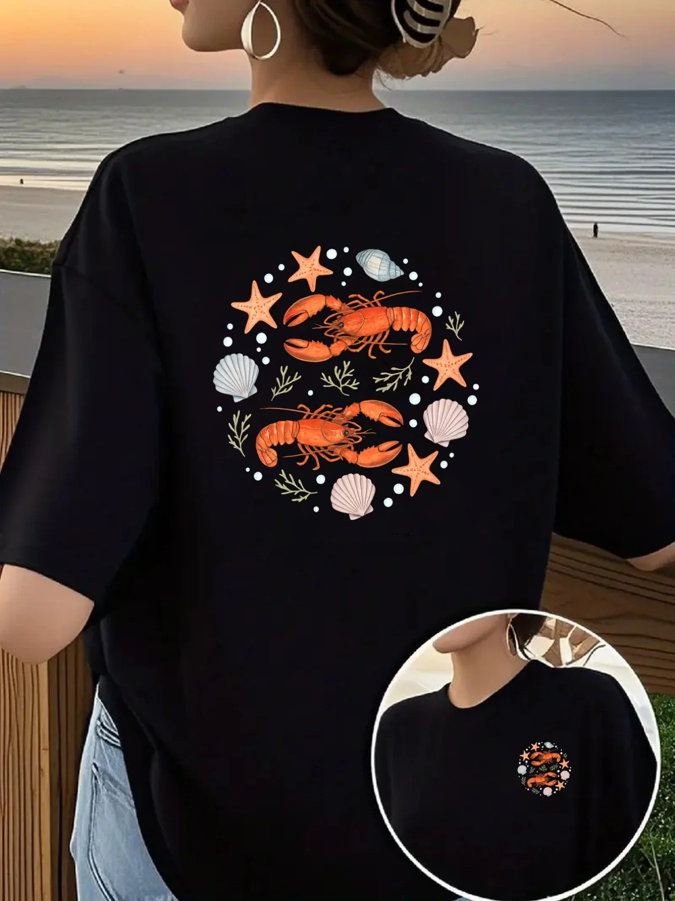 Women'S Ocean Vacation Style Double-Sided Printed Short-Sleeve Made of Featuring A Fit with Lobster Starfish Aesthetic Clothes