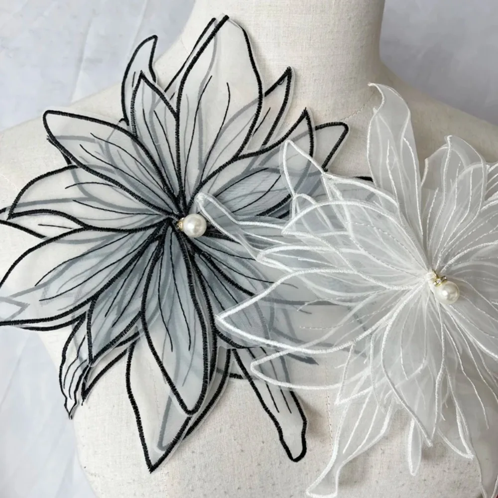 Flower Shape Embroidered Fabric Lace Ribbon Applique DIY Handmade Beaded Large Flower Wedding Dress Sewing Clothing Accessories
