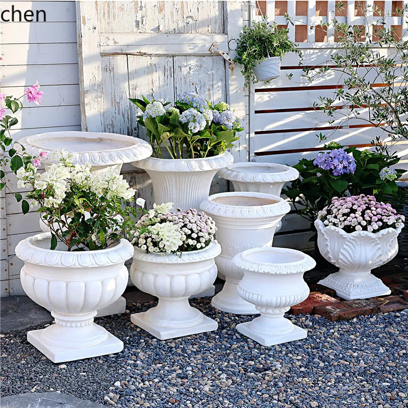 HT Retro Roman Flower Pot Large Diameter Trophy  Plant Pot Floor High Pot Courtyard Garden Balcony Decoration