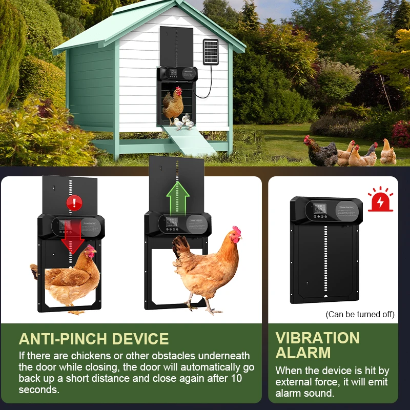 Large aluminum solar powered automatic chicken coop door with anti pinch function, timer, and LCD display
