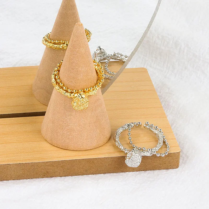 Silver Color Trendy Designed Personalized Textured Chain Ring Adjustable Irregularly Concave-Convex Bead Lava Party Ring