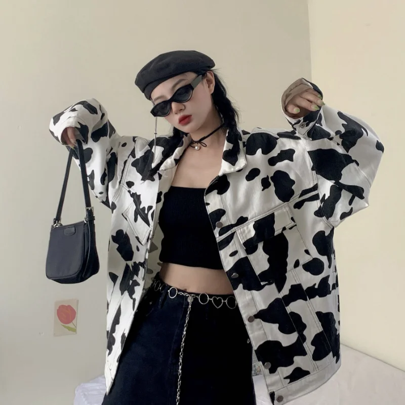 2023 Harajuku Streetwear Cow Print Cropped Female Jacket Casual Buttons Coat Women Cardigan Spring Autumn Jackets Outwear New