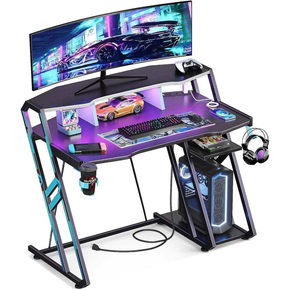 MOTPK Gaming Desk with Power Outlet & LED Lights, Gaming Computer Desk 39inch with PC Storage Shelf, Gaming Table with Carbon Fi