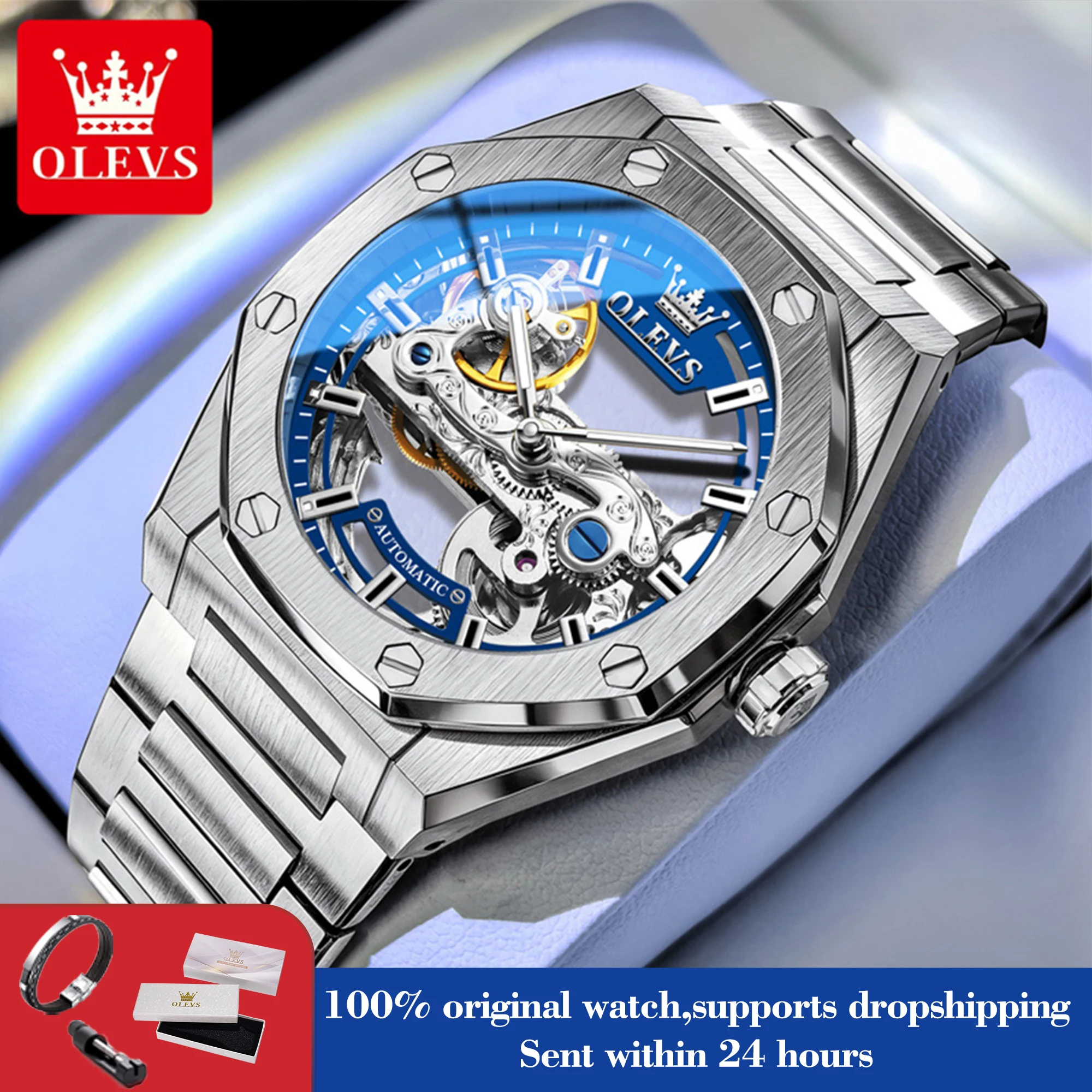 OLEVS Skeleton Automatic Watch For Men Octagon Stainless Steel Waterproof Luminous Luxury Business Mechanical Watch New 6742