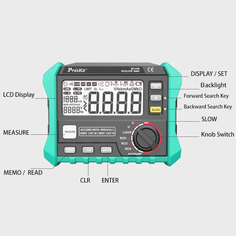 Pro'skit MT-4109 RCD/LOOP Tester Residual Current Circuit Resistance Tester Electrical Safety Risk Check Resistance Meters