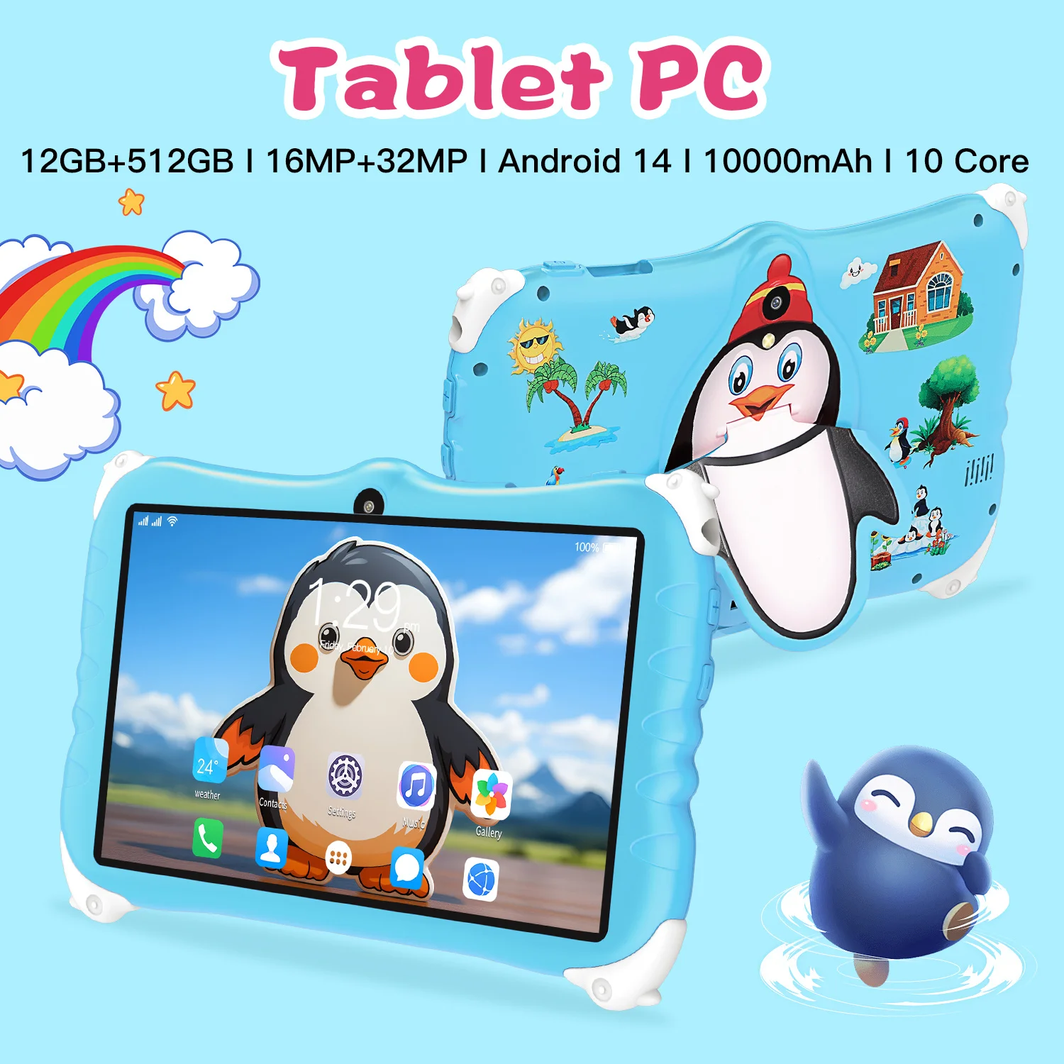 

New Kids Tablet PC 12GB+512GB Shockproof Protective Case Bluetooth WiFi Kids Learning Educational Toys Practical Popular Tablets