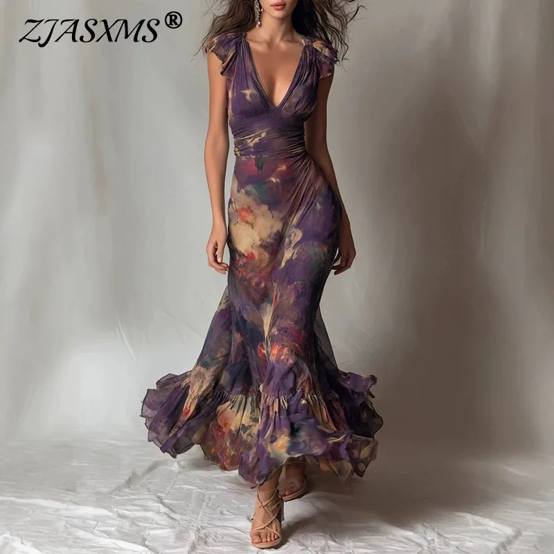 Damen-Maxikleid mit Blumenmuster, tiefem V-Ausschnitt, Rüschen, ärmellos, gerafftem Meerjungfrauen-Saum, für Urlaub, Strand, Hochzeit, Abendparty