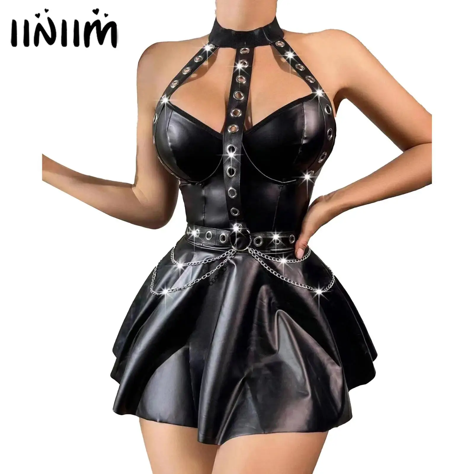 

Womens Club Punk Latex Dress Halter Eyelet Straps Chain A-Line Dress with T-Back Briefs Hip Hop Rock Cocktails Party Costumes
