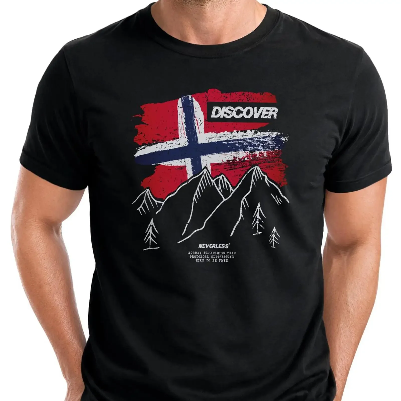 Neverless PrinT T Shirt Men's Norway Flag Mountains Discover Outdoor with vintage Washed Breathable graphic fashion