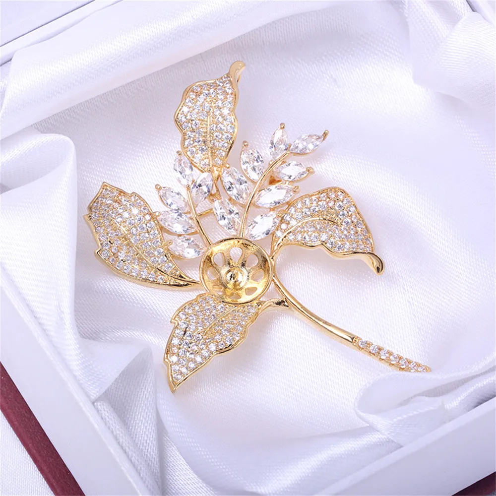 

DIY Pearl Accessories with Empty Copper Plated 18K Gold Large Flower Zircon Exquisite Jade Agate Brooch Temperament