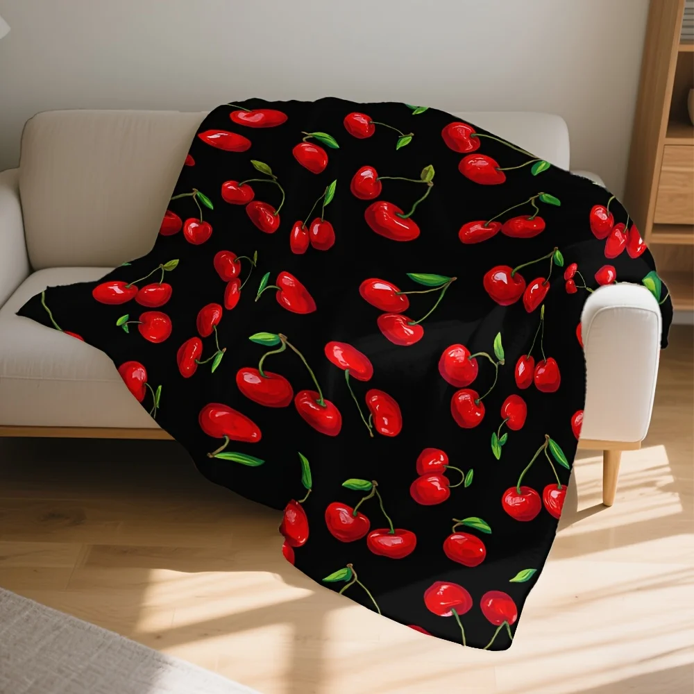 Vintage Cherry Red Fruit Black Throw Blanket - Bold Contrast Botanical Pattern Cozy Soft Accent for Bed Couch Office Travel