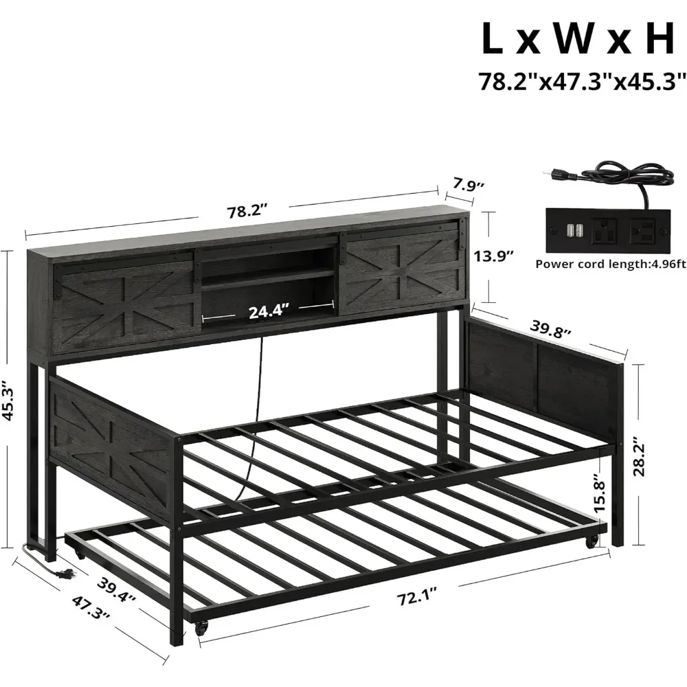 Daybed with Trundle, Rustic Bed Twin with Storage and Charging Station for Living Room, Bedroom and Guest Room