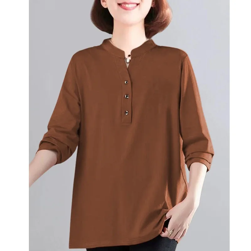 Women Plus Size Stand Collar Long Sleeve T Shirt Spring Cotton Loose Cover Fat Casual Blouse