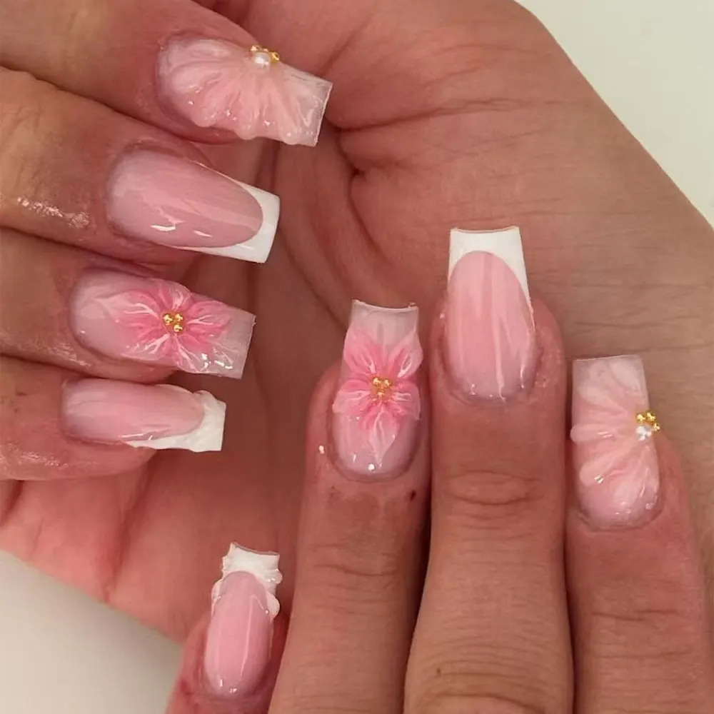 24Pcs Long Square 3D Three-Dimensional Gelnail Makes Flower Nails With Pearl Decorate Design White French Acrylic Press On Nails