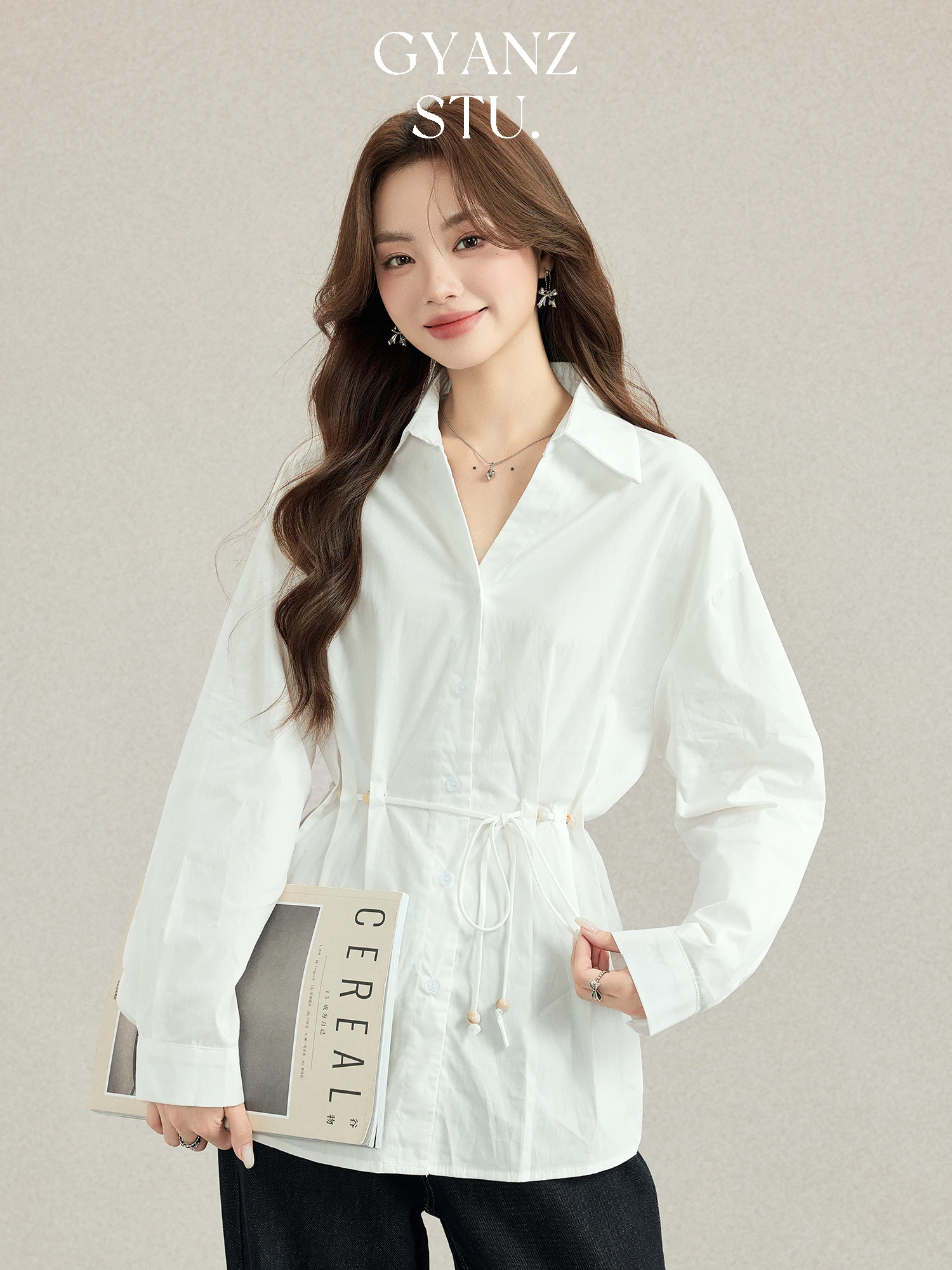 

Loose Fit Ne White irt for Women Casual Versatile Autumn New Design High Yani Brand Long Sve Carving Pattern