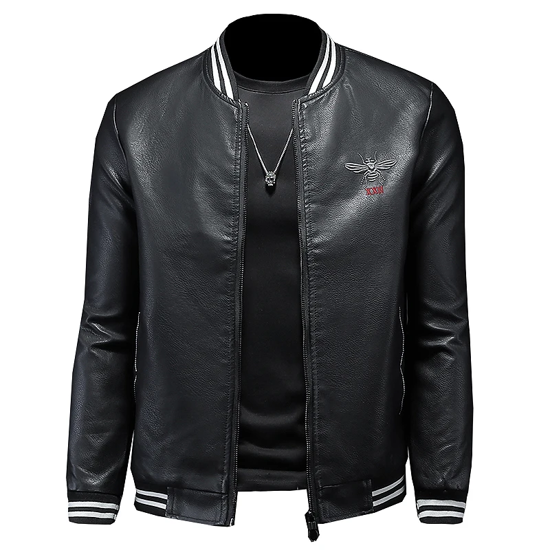 Men Slim Fit Embroidery Leather Jackets Oblique Zipper Motorcycle Jackets New Men Moto Biker PU Leather Coats Plus Size S-4XL