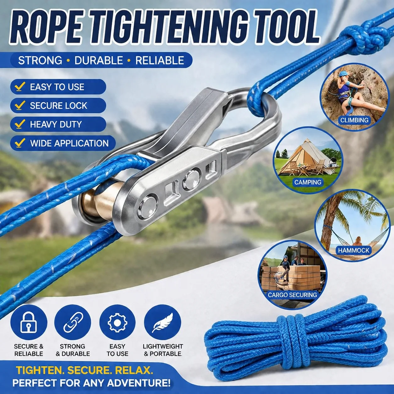 Retractable Heavy Fastening Rope With Roller Tensioner Clamp Adjustable Strap For Camping Boat Tarp Hammock Outdoor Use