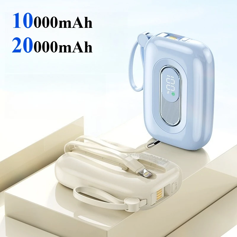 Mini banco de energía portátil de Ultra capacidad, 10000/20000mAh, con Cable incorporado, batería compacta de carga rápida para Huawei, Apple y Android