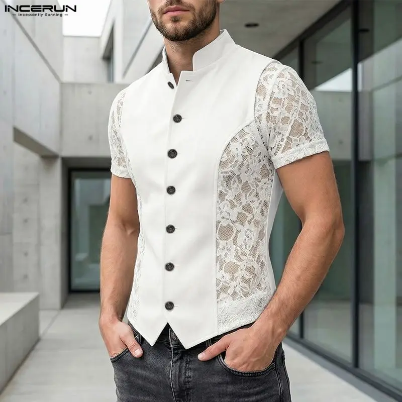 INCERUN Men's Shirt Lace Patchwork See Through Stand Collar Short Sleeve Men Clothes Sexy Fashion Streetwear Tops For Man Camisa