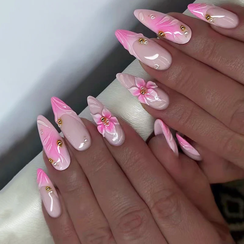 

24 Pcs pink gradient 3D Flower press on nails gold Pearls Nail Tips French Nails Press on For Girls Almonds False Nails 2026