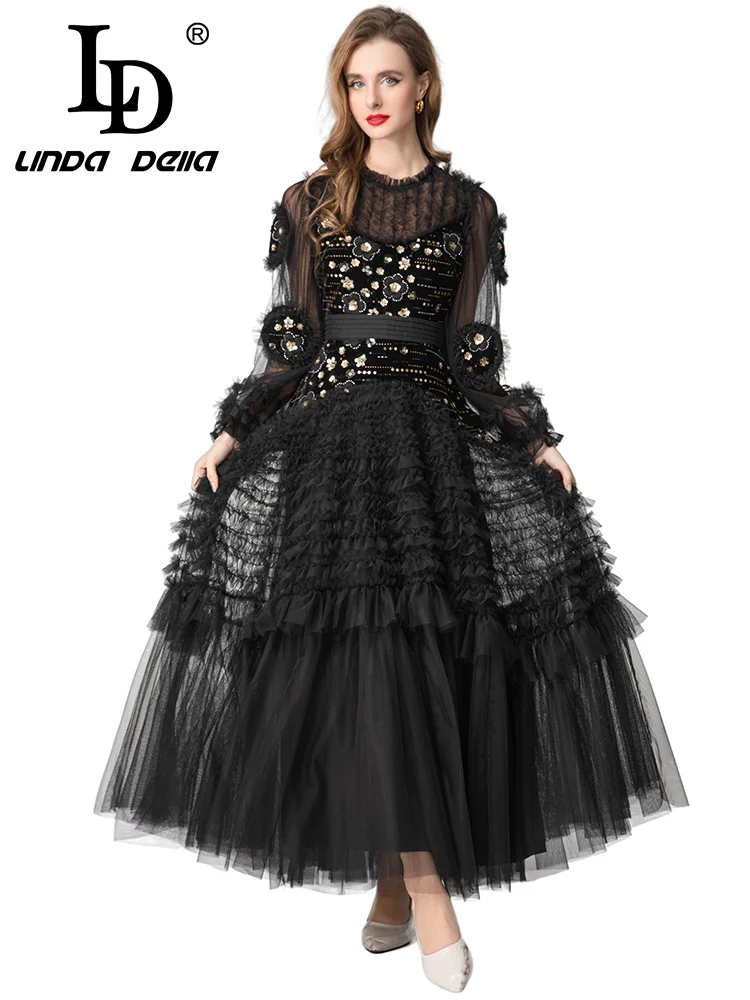 فستان LD LINDA DELL شبكي مزين بالترتر لحفلات العشاء ورقبة دائرية وأكمام طويلة ومطرز بحافة مكشكشة فستان نسائي عصري