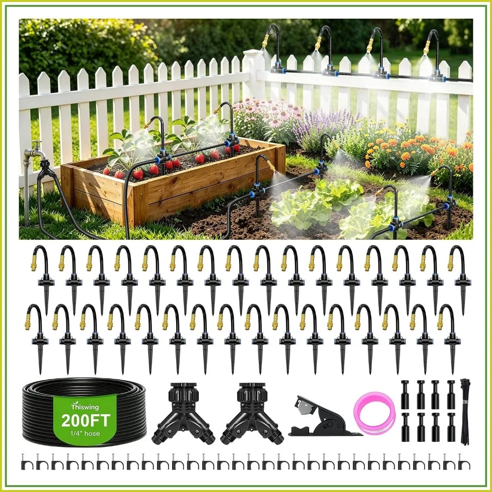 200Ft 360 Adjustable Irrigation System With Stake Holders, 1/4" Tubing, 32 Nozzles, Automatic Watering Misting Sprinkler For Garden, Raised Bed, Lawn, Plants
