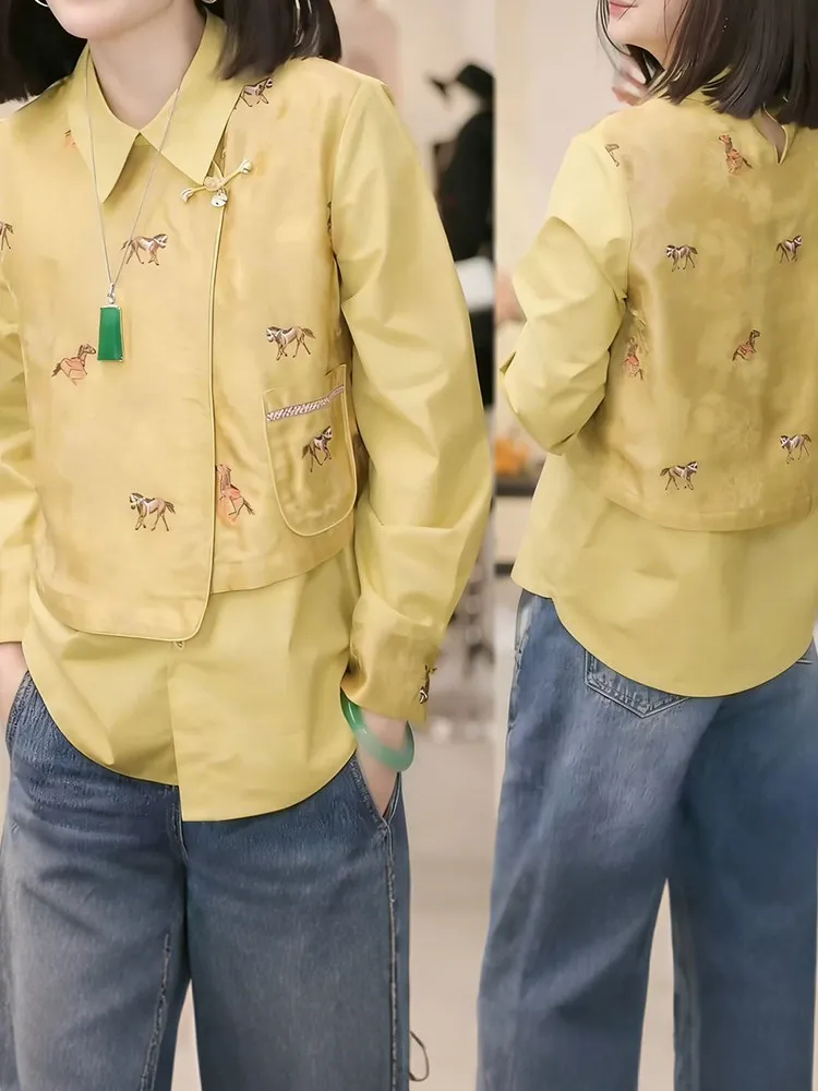 

Повседневная свободная женская блузка с длинным рукавом, новинка весенней коллекции, модный молодежный топ с эффектом похудения, отложным воротником и имитацией двухслойности