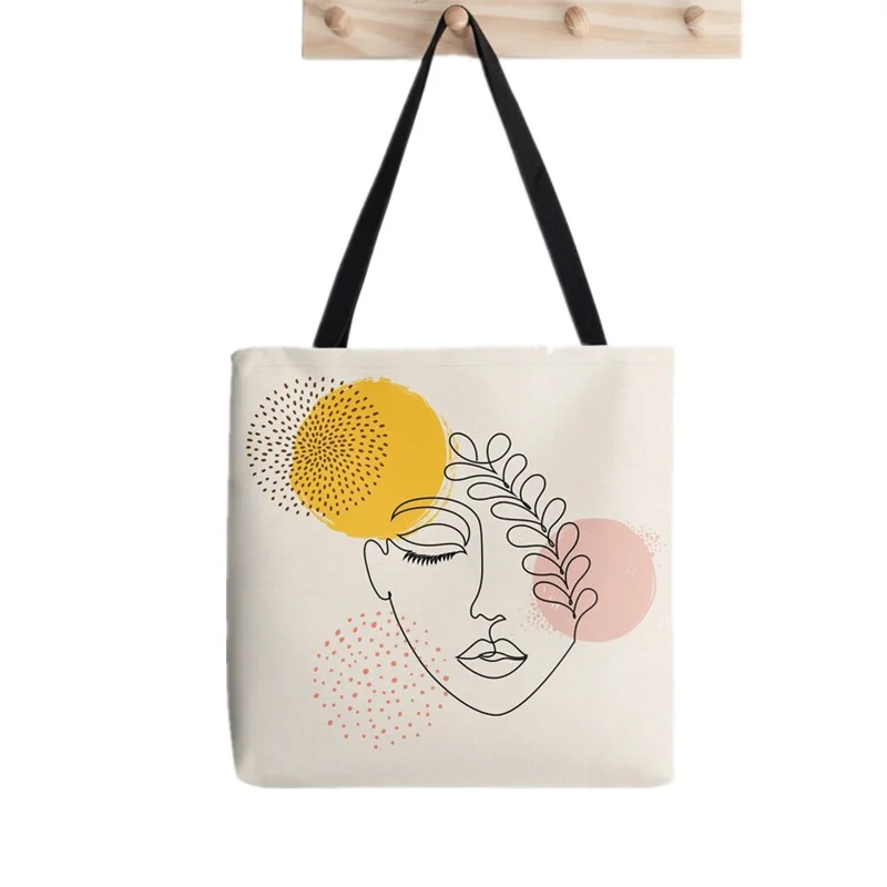 

Women Shopper bag Abstract Female Face One Line Leaf Kawaii Bag Harajuku Shopping Canvas Bag girl handbag Tote Shoulder Lady Bag