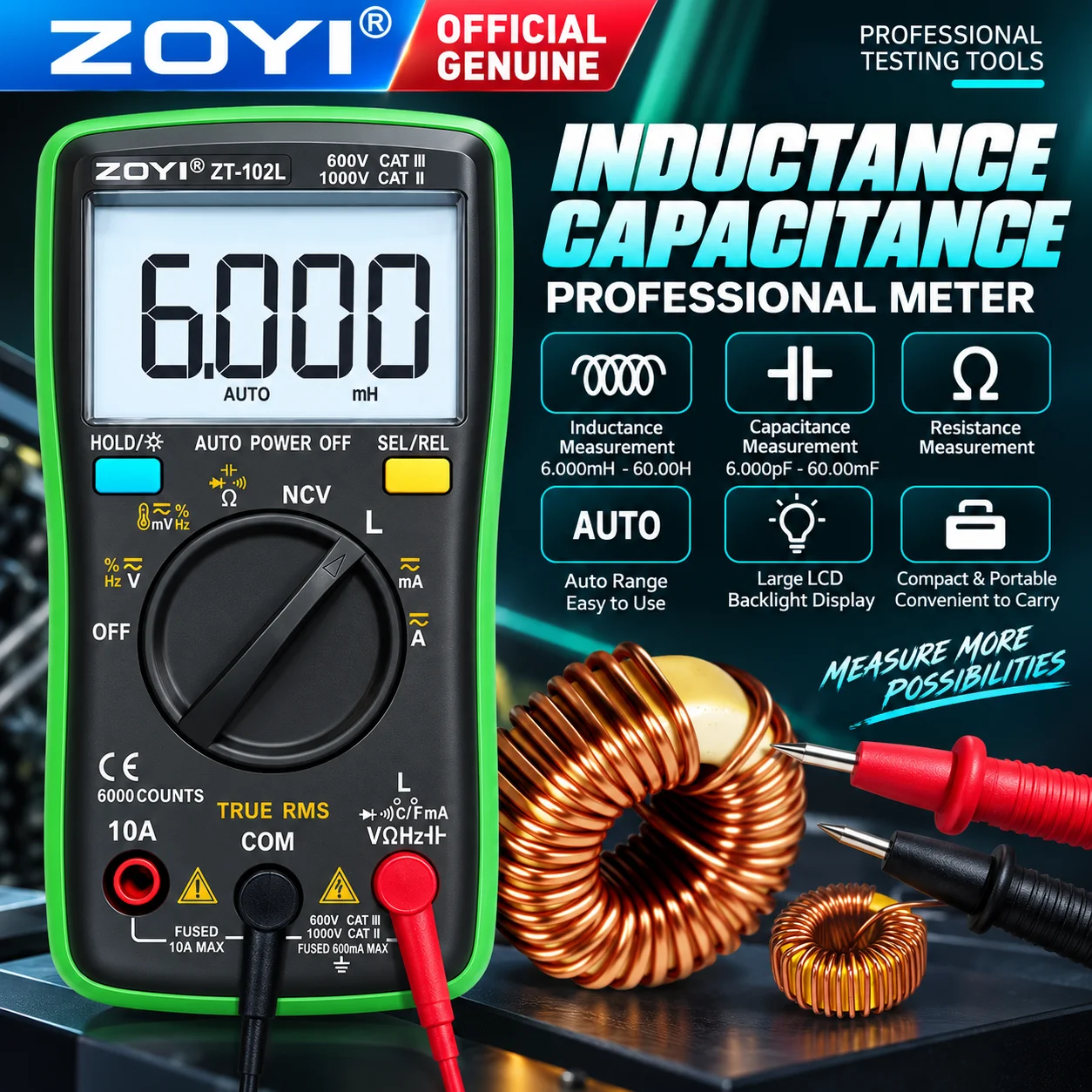 ZOYI ZT-102L Portable Digital Multimeter High Precision Auto Range Inductance Capacitance Resistance Tester