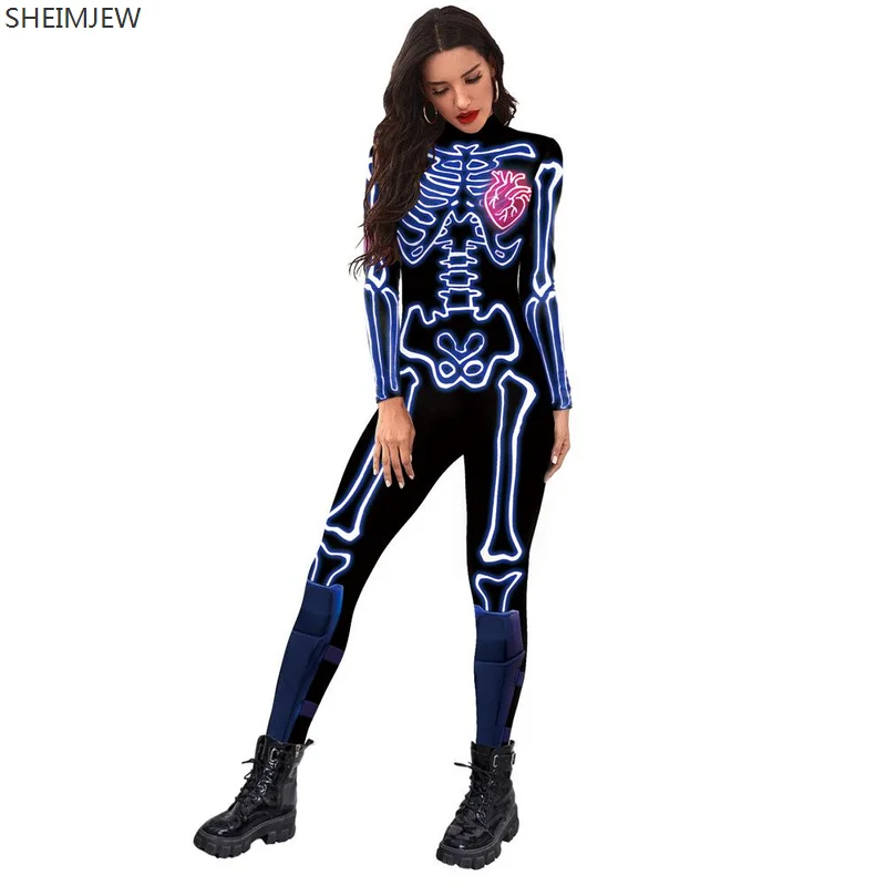 Scary Laser Bone Line Cosplay Outfit Jumpsuits New 3d Halloween Party Bodysuit Sexy Halloween Zentai Suit For Women/men Rave Set